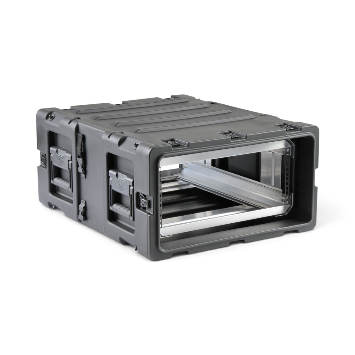 SKB Cases 4U 24-inch deep shock rack with a rugged black roto-molded shell and internal metal rack rails.