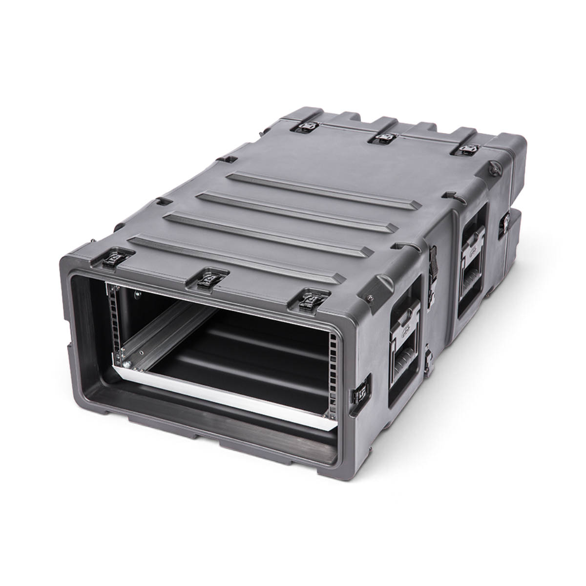 SKB Cases 4U 30-inch deep shock rack in black with aluminum internal rails and rugged roto-molded polyethylene shell.