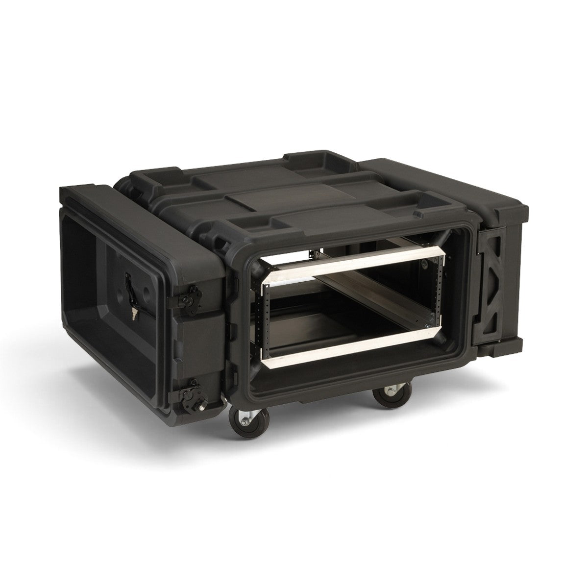 SKB Cases 4U 24-inch deep roto shock rack with removable casters and open front and rear lids for equipment access.