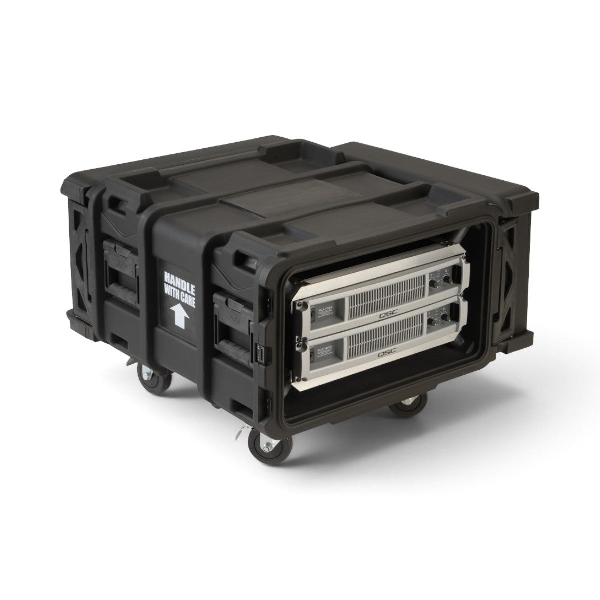SKB Cases 4U 24-inch deep roto shock rack with two mounted amplifiers, featuring a durable black protective shell.