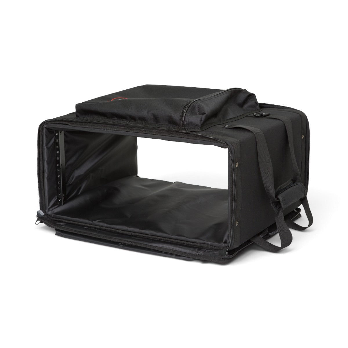 SKB Cases 4U soft rack bag in black nylon with steel rack rails, zippered storage pouches, and carry handles.