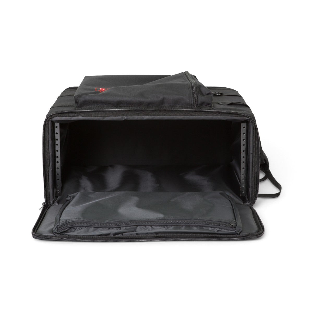SKB Cases 4U soft rack bag with black nylon exterior, threaded steel rails, and zippered storage pouches.