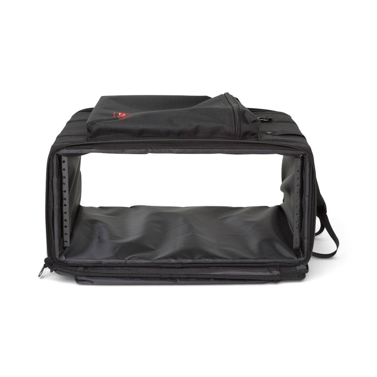 SKB Cases 4U soft rack bag in black nylon with threaded steel rails and exterior storage pouch for audio equipment.