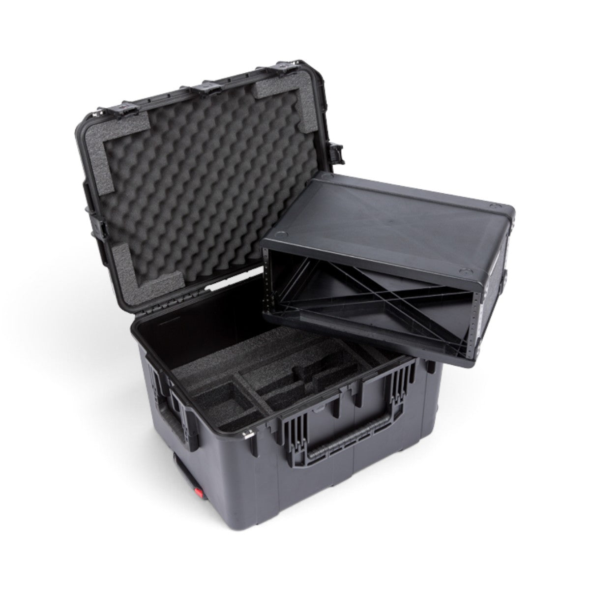 SKB Cases 4U iSeries wireless microphone fly rack with removable internal rack frame and foam-lined protective case.