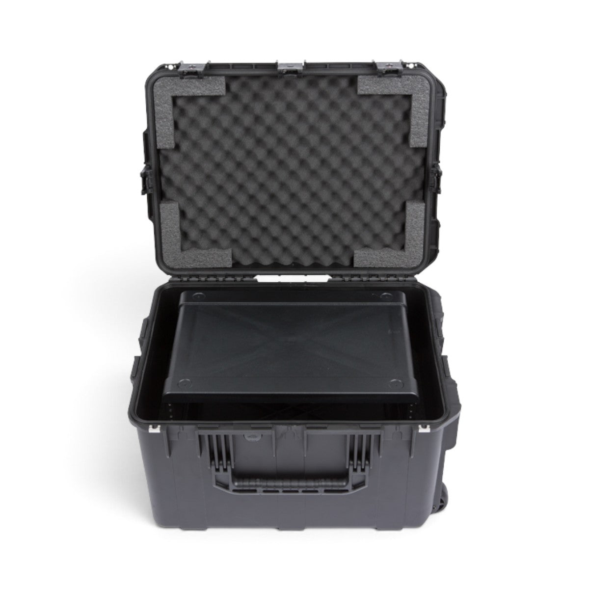 SKB Cases 4U iSeries wireless mic fly rack with black injection molded shell, foam-lined lid, and internal rack frame.