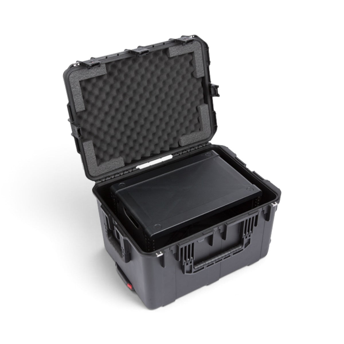 SKB Cases 4U iSeries injection molded wireless mic fly rack with foam-lined lid and protective black hardshell exterior