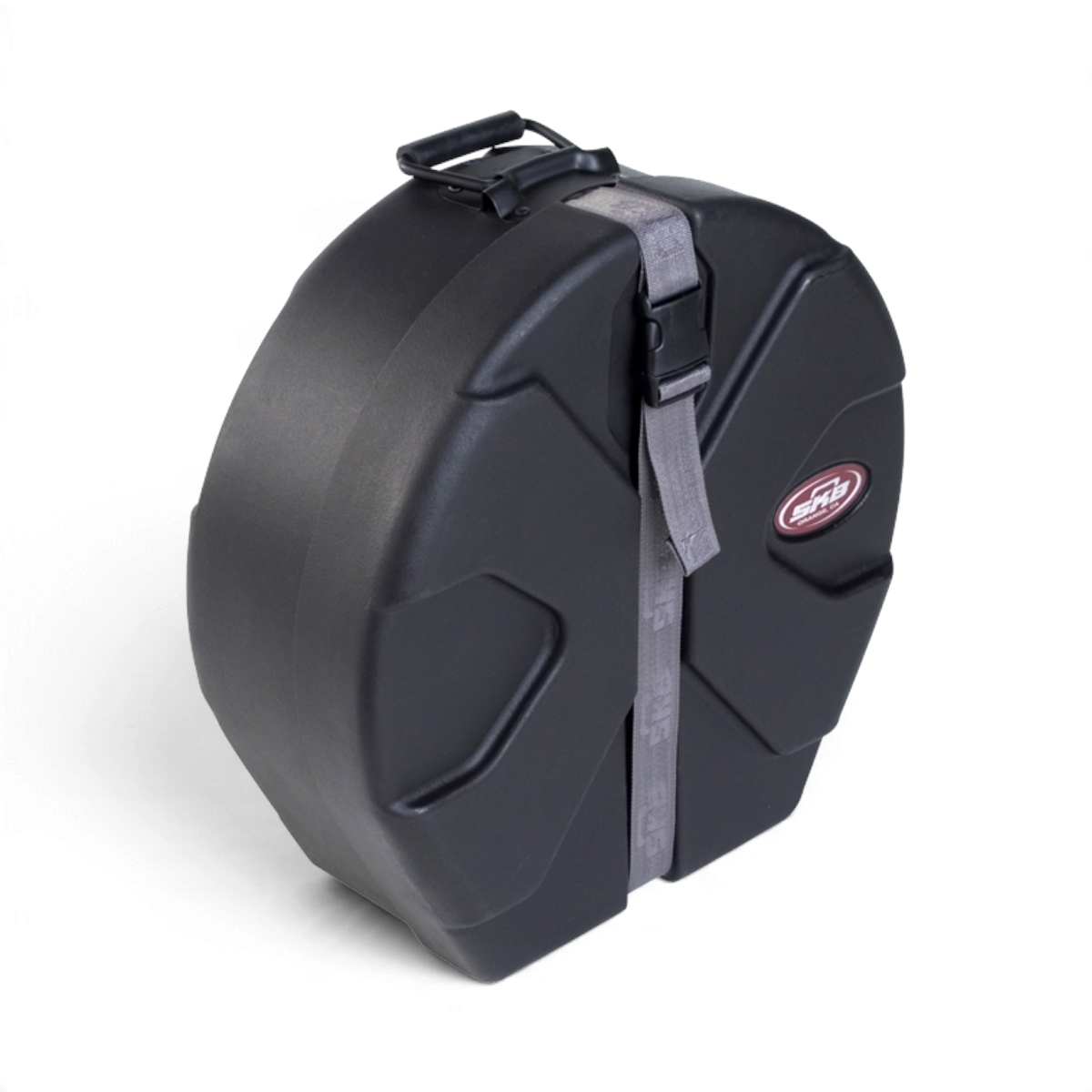 SKB Cases 4x14 snare drum case in black roto-molded plastic with a secure strap and D-shaped design.