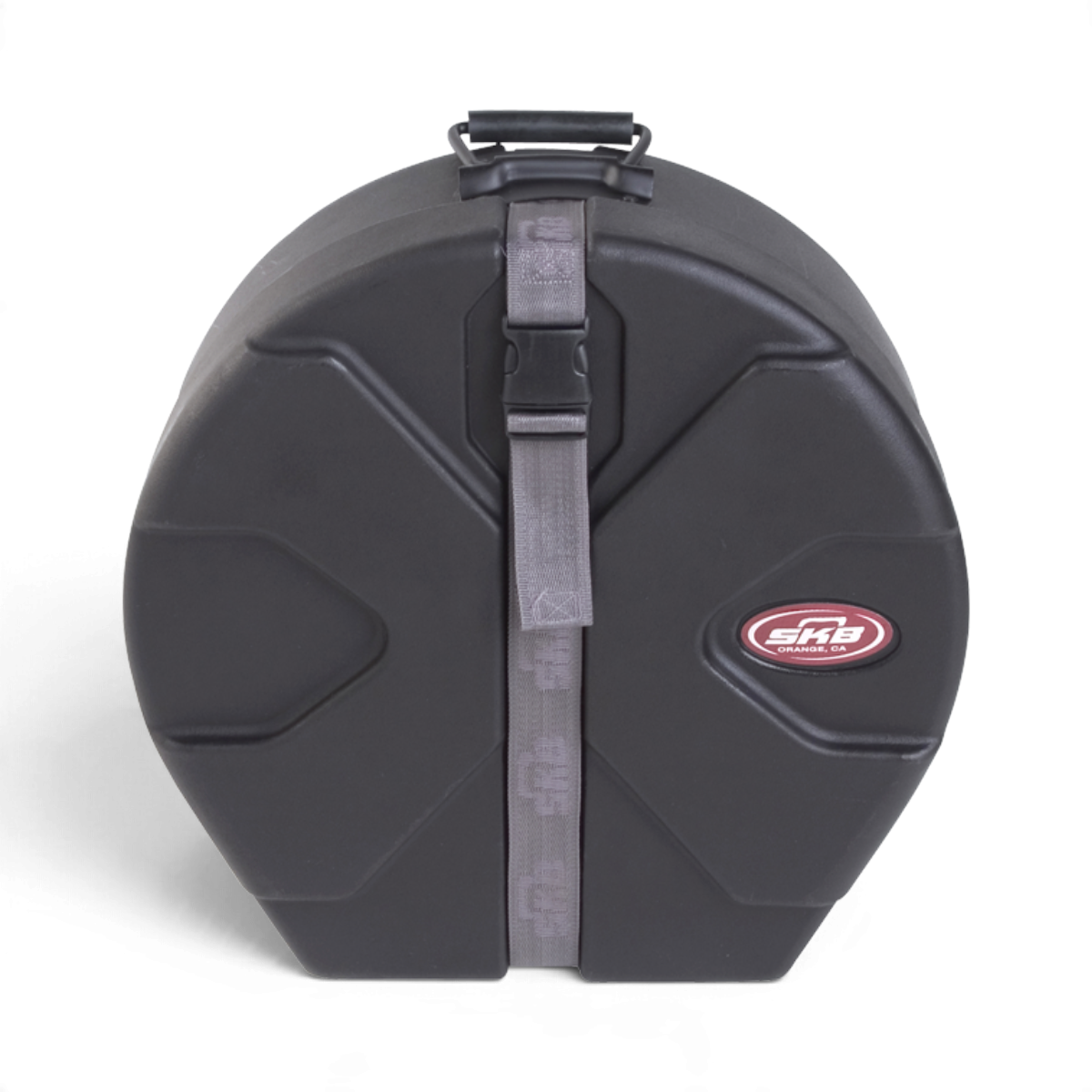 SKB Cases 4x14 snare drum case in black roto-molded plastic with a secure strap and padded interior.