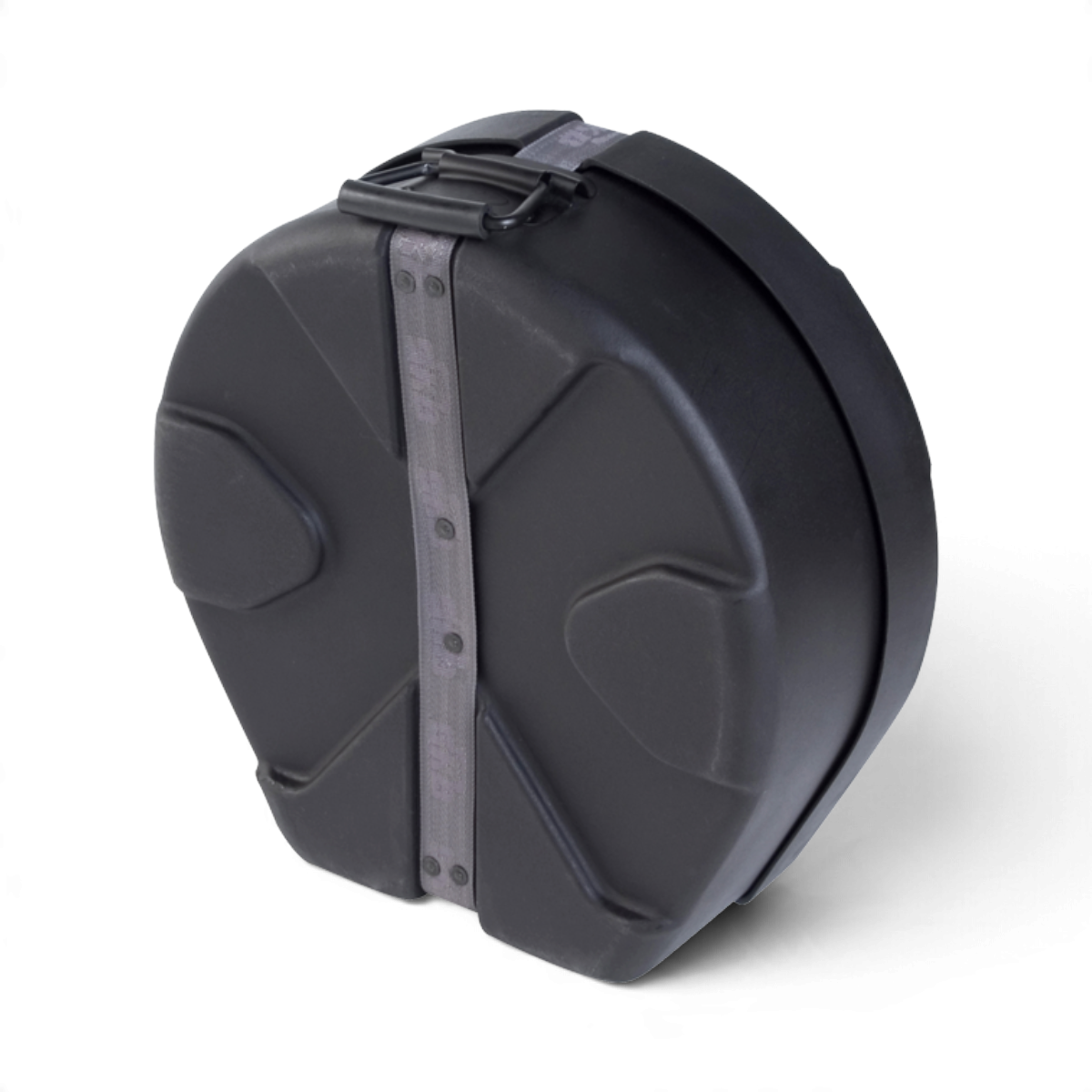 SKB Cases 4x14 snare drum case in black roto-molded plastic with a D-shaped design and secure strap closure.