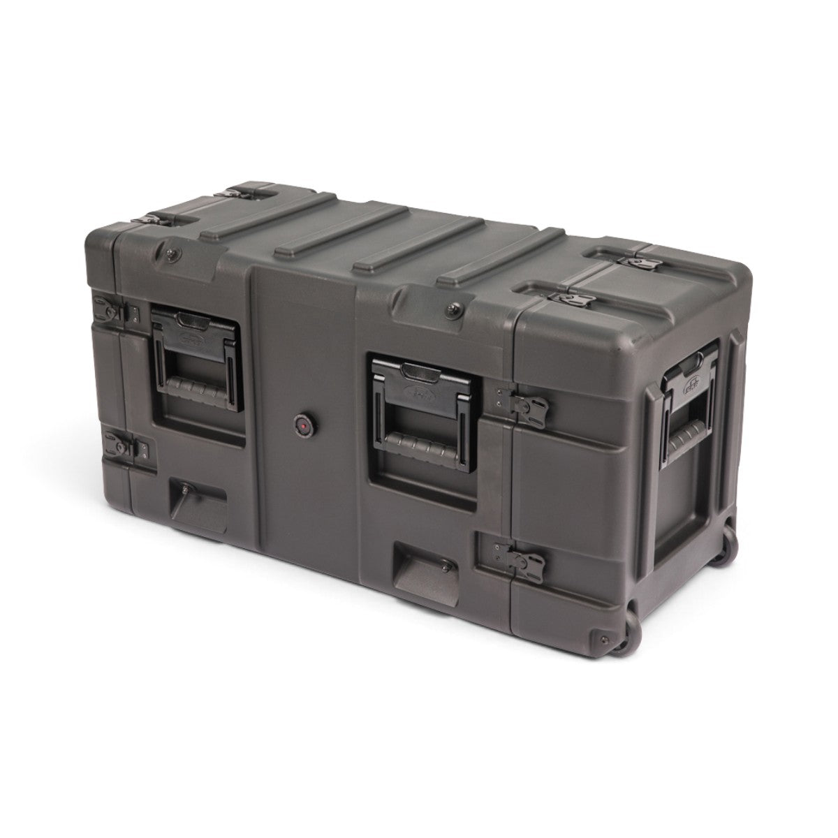 SKB Cases 5U 20-inch deep shock rack in black, featuring a rugged roto-molded shell, recessed handles, and wheels.