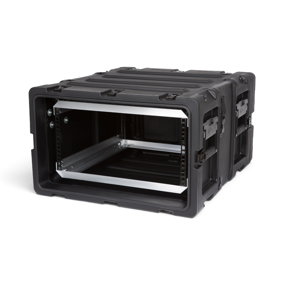 SKB Cases 5U 20-inch deep black shock rack transport case with internal aluminum chassis and steel rack rails.