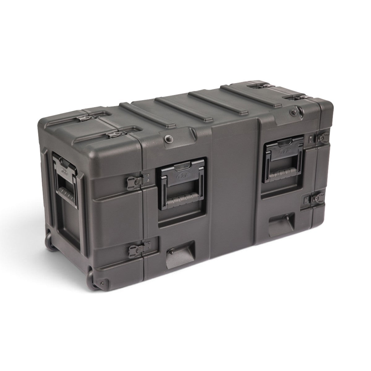 SKB Cases 5U 20-inch deep shock rack in black, featuring a rugged roto-molded shell, spring-loaded handles, and wheels.
