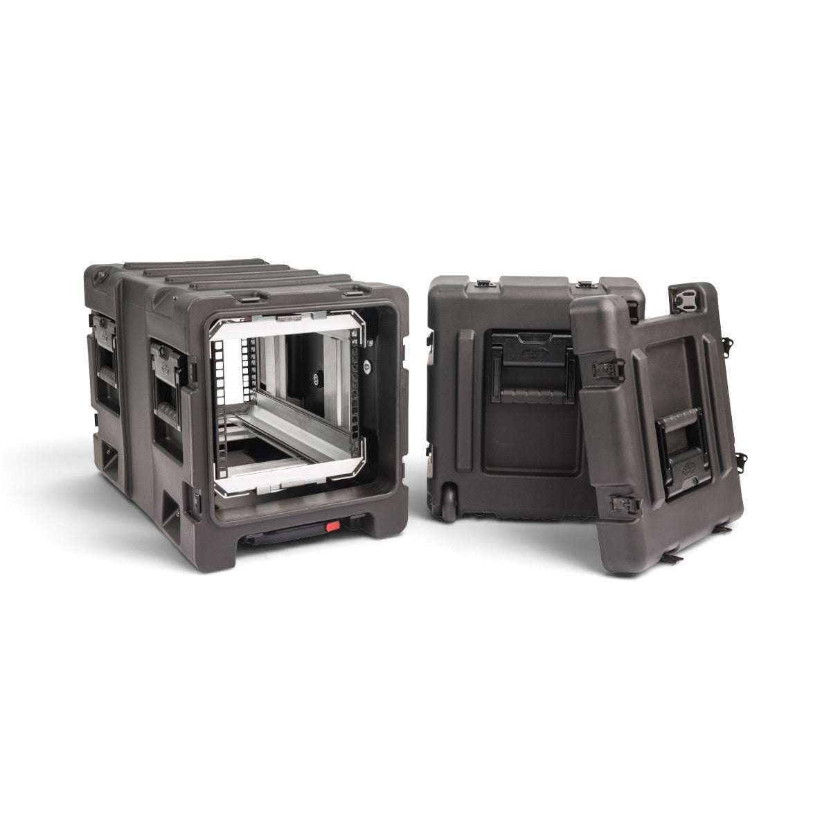 SKB Cases 5U 20-inch deep shock rack with removable lids, featuring a rugged black roto-molded shell and wheels.