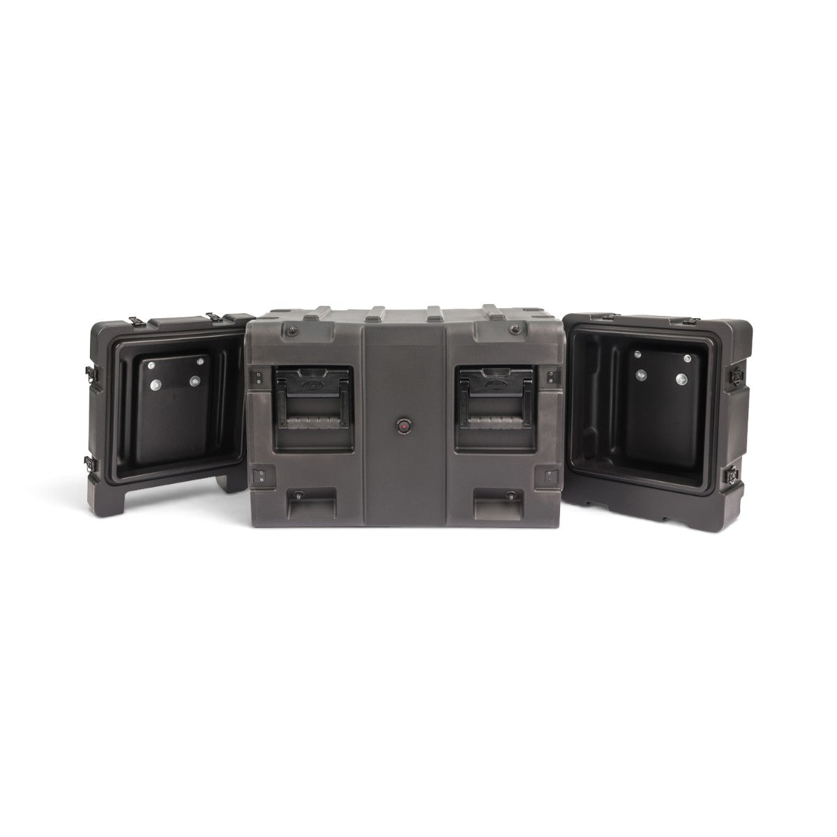 SKB Cases 5U 20-inch deep shock rack with front and rear lids open, featuring a rugged black roto-molded shell.