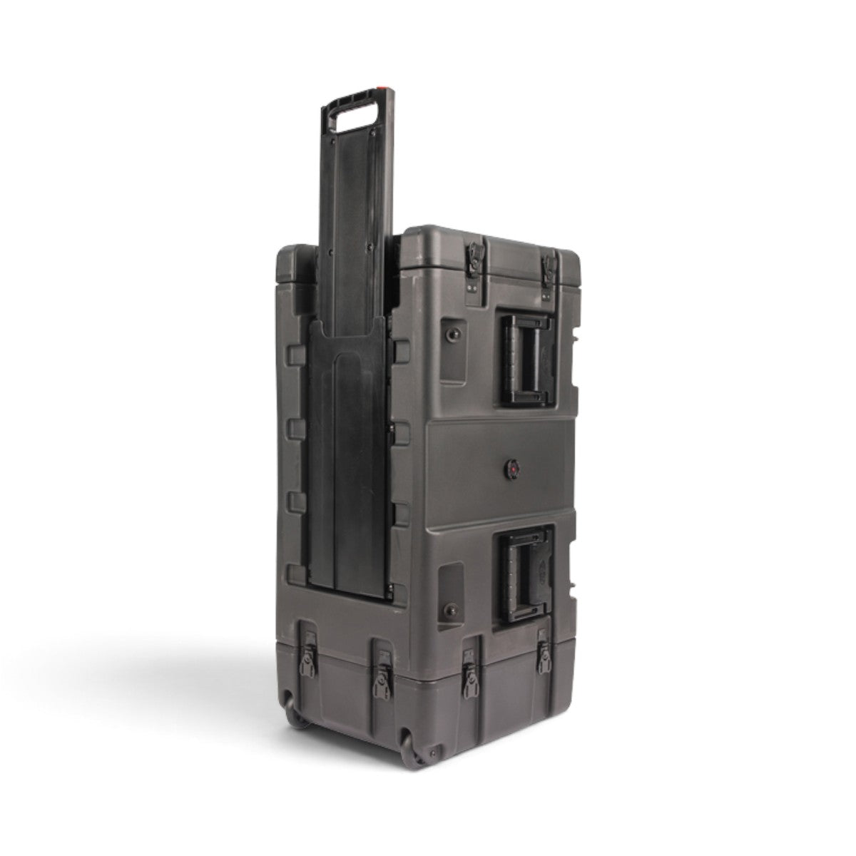 SKB Cases 5U 20-inch deep shock rack in black with a retractable pull handle, wheels, and rugged roto-molded shell.