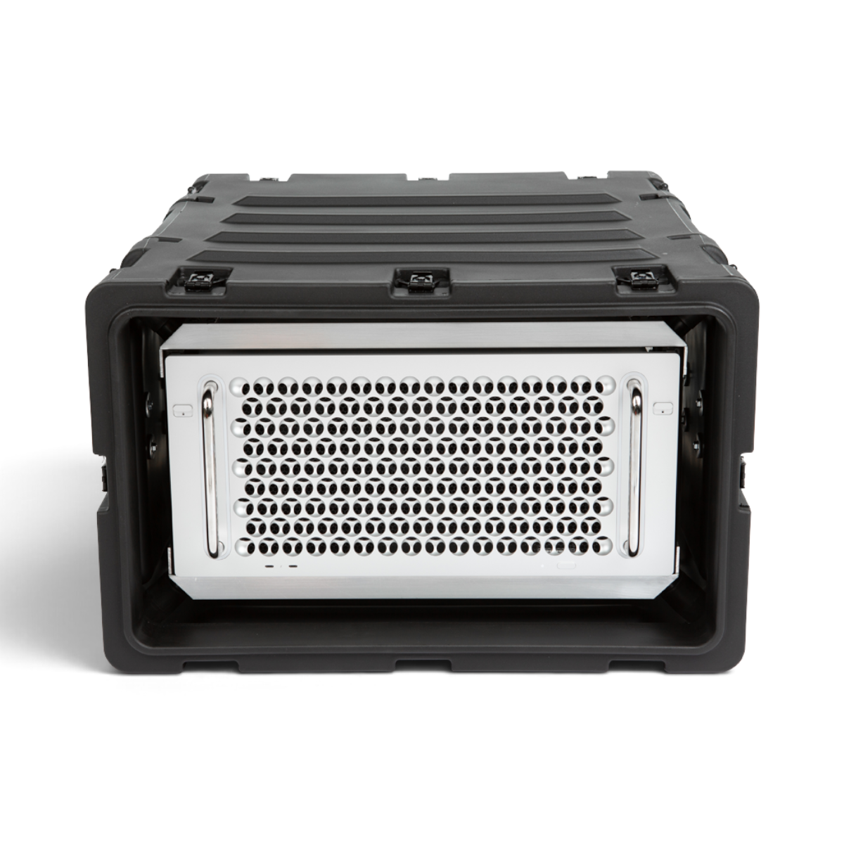 SKB Cases 5U 24-inch deep shock rack with a black roto-molded shell and a mounted silver server unit inside.