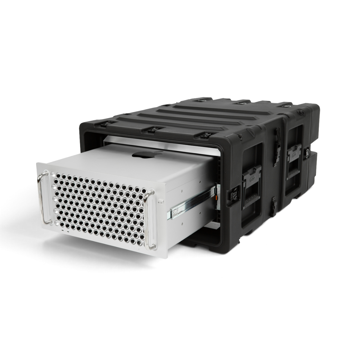SKB Cases 5U 24-inch deep shock rack in black with a silver server component mounted inside on sliding rails