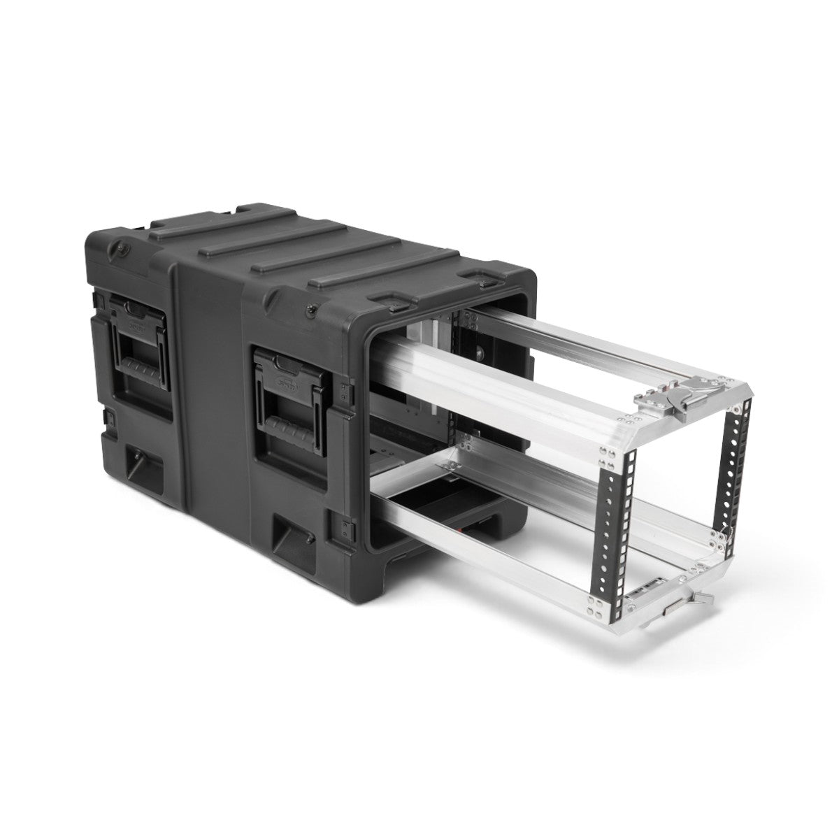 SKB Cases 5U 20-inch deep shock rack with a black roto-molded shell and a sliding metal equipment frame.