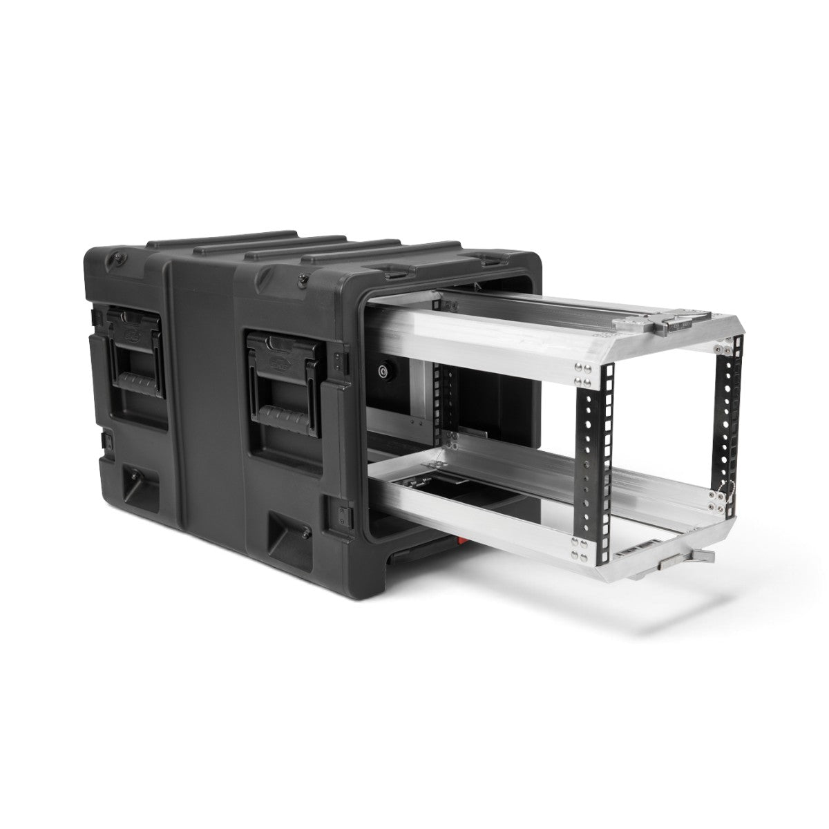 SKB Cases 5U 20-inch deep shock rack with a black roto-molded shell and a sliding internal metal equipment frame.