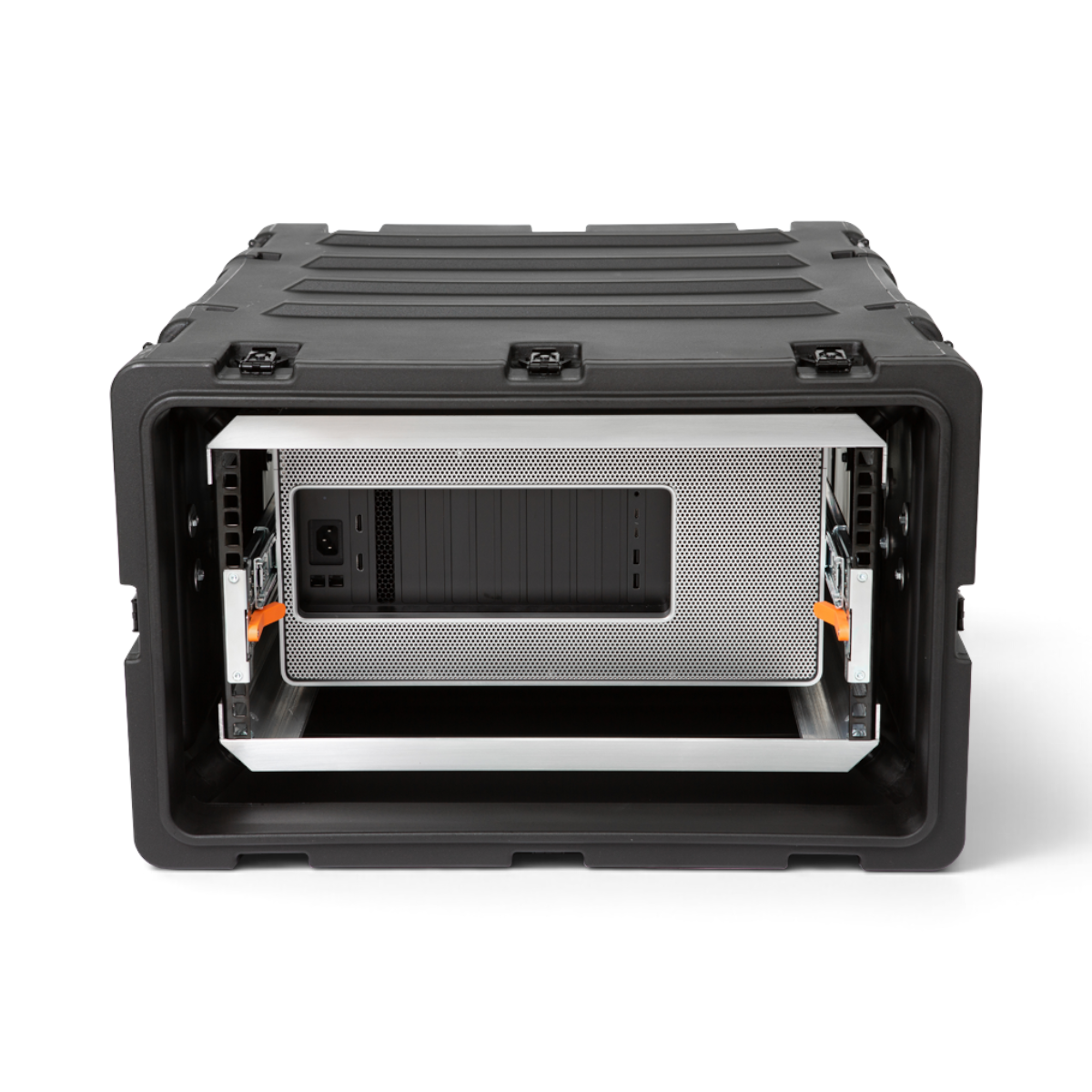 SKB Cases 5U 24-inch deep shock rack with black roto-molded shell and mounted server equipment on white background