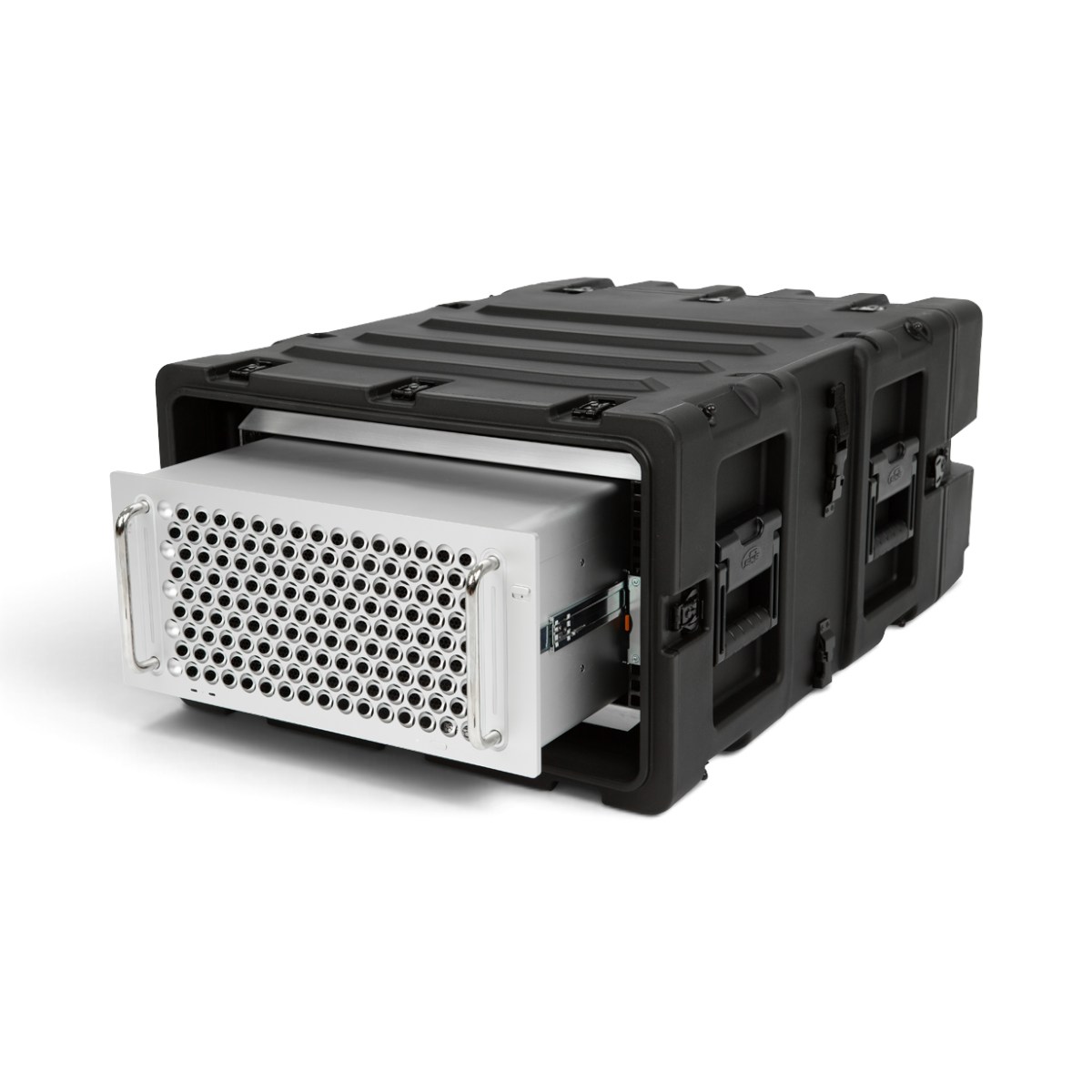 SKB Cases 5U 24-inch deep shock rack with a black roto-molded shell and a silver server mounted inside.