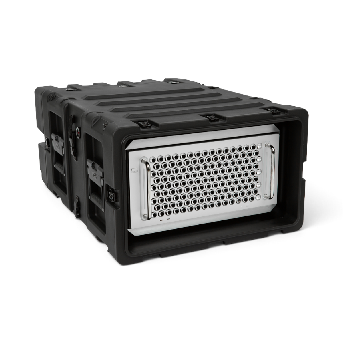 SKB Cases 5U 24-inch deep shock rack with a black roto-molded shell and silver rack-mounted equipment inside.