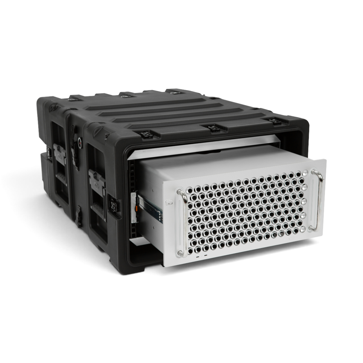 SKB Cases 5U 24-inch deep static shock rack transport case with silver electronic equipment mounted inside