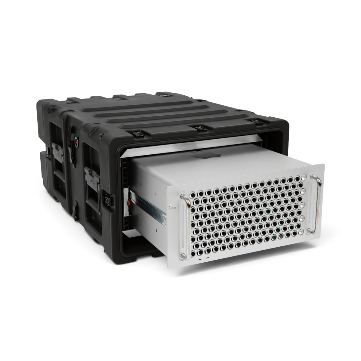 SKB Cases 5U 24-inch deep shock rack with a silver server mounted inside the rugged black roto-molded transport case.