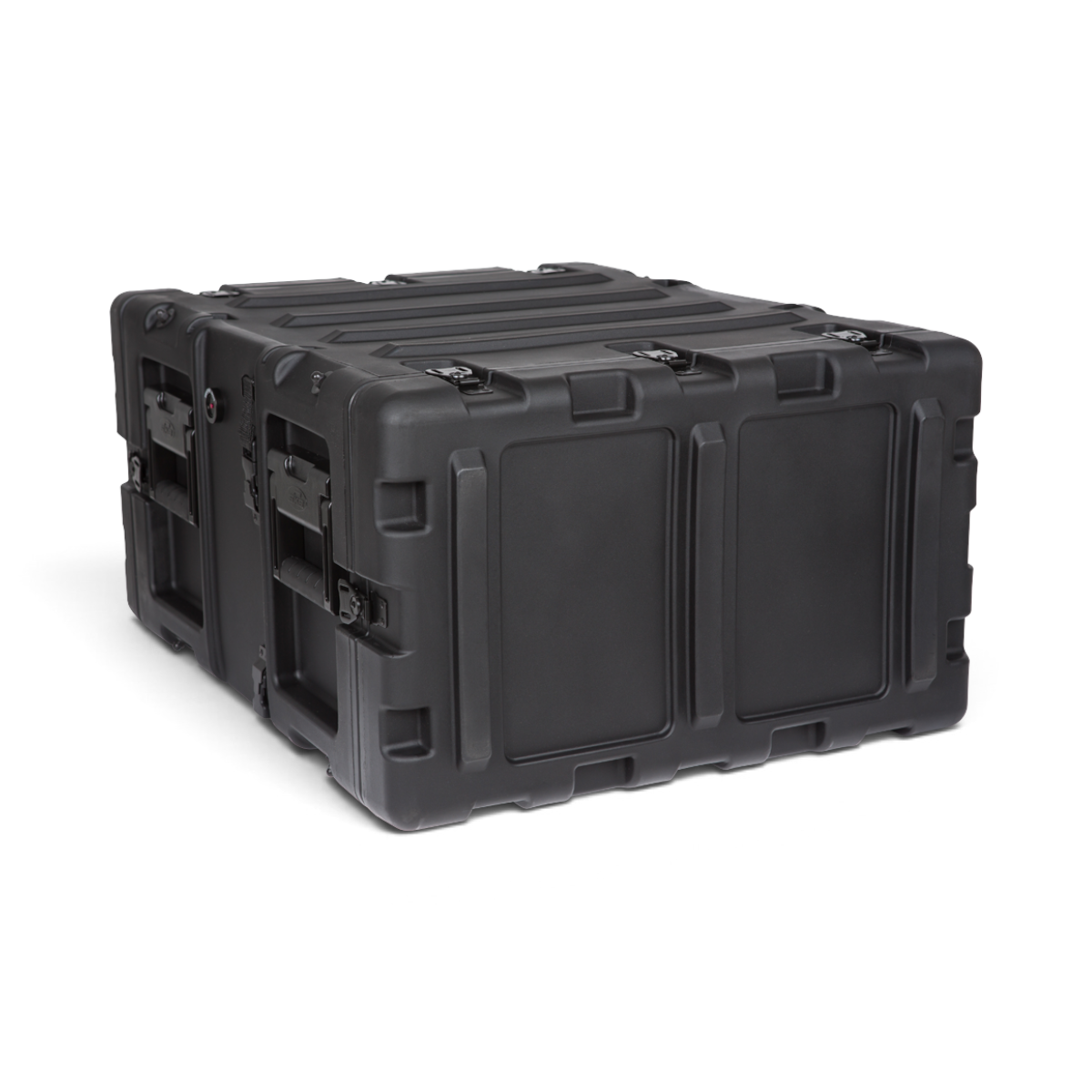 SKB Cases 5U 20-inch deep black shock rack transport case with rugged roto-molded shell and recessed hardware.