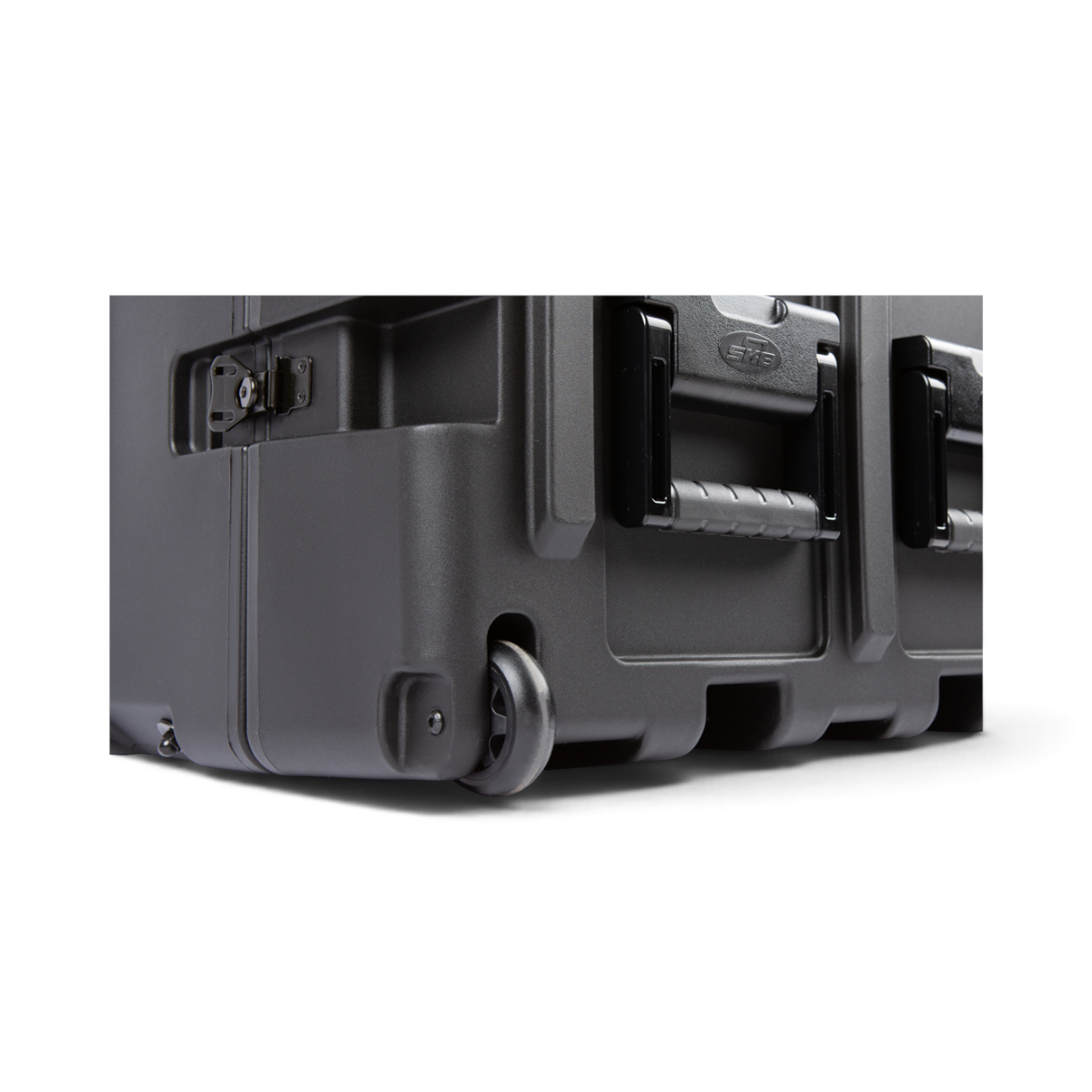 SKB Cases 5U 24-inch shock rack transport case in black with integrated transport wheels and spring-loaded handles.