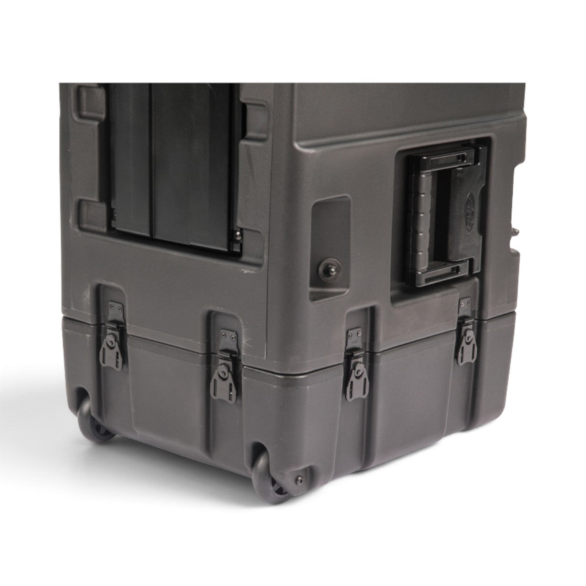 SKB Cases 5U 20-inch deep shock rack in black, featuring rugged roto-molded shell, wheels, and spring-loaded handles.