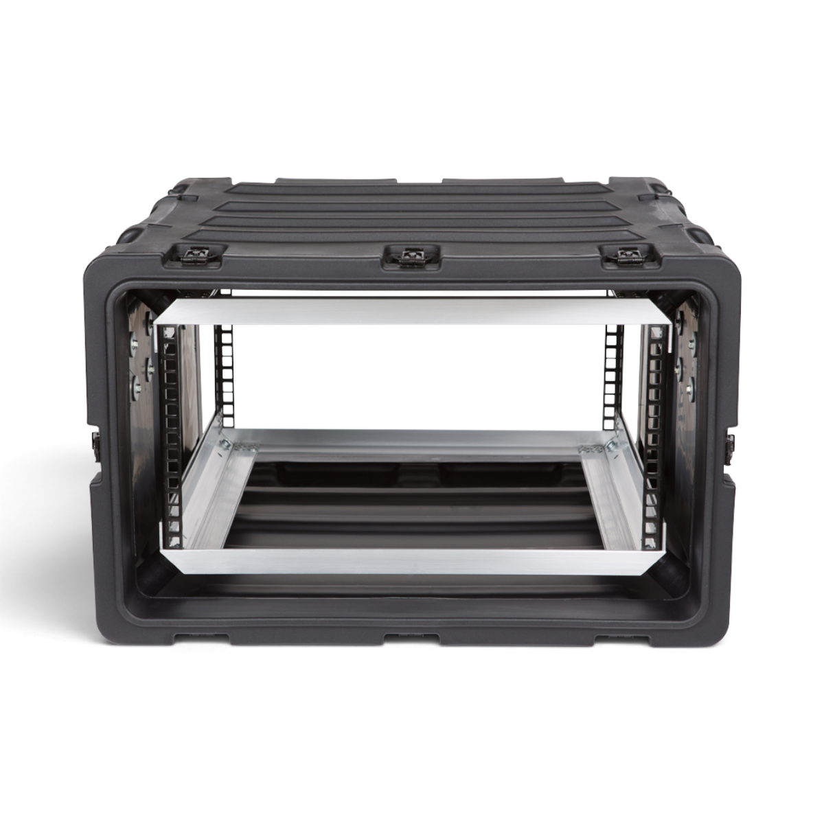 SKB Cases 5U 20-inch deep shock rack with a black roto-molded shell and internal aluminum equipment chassis.