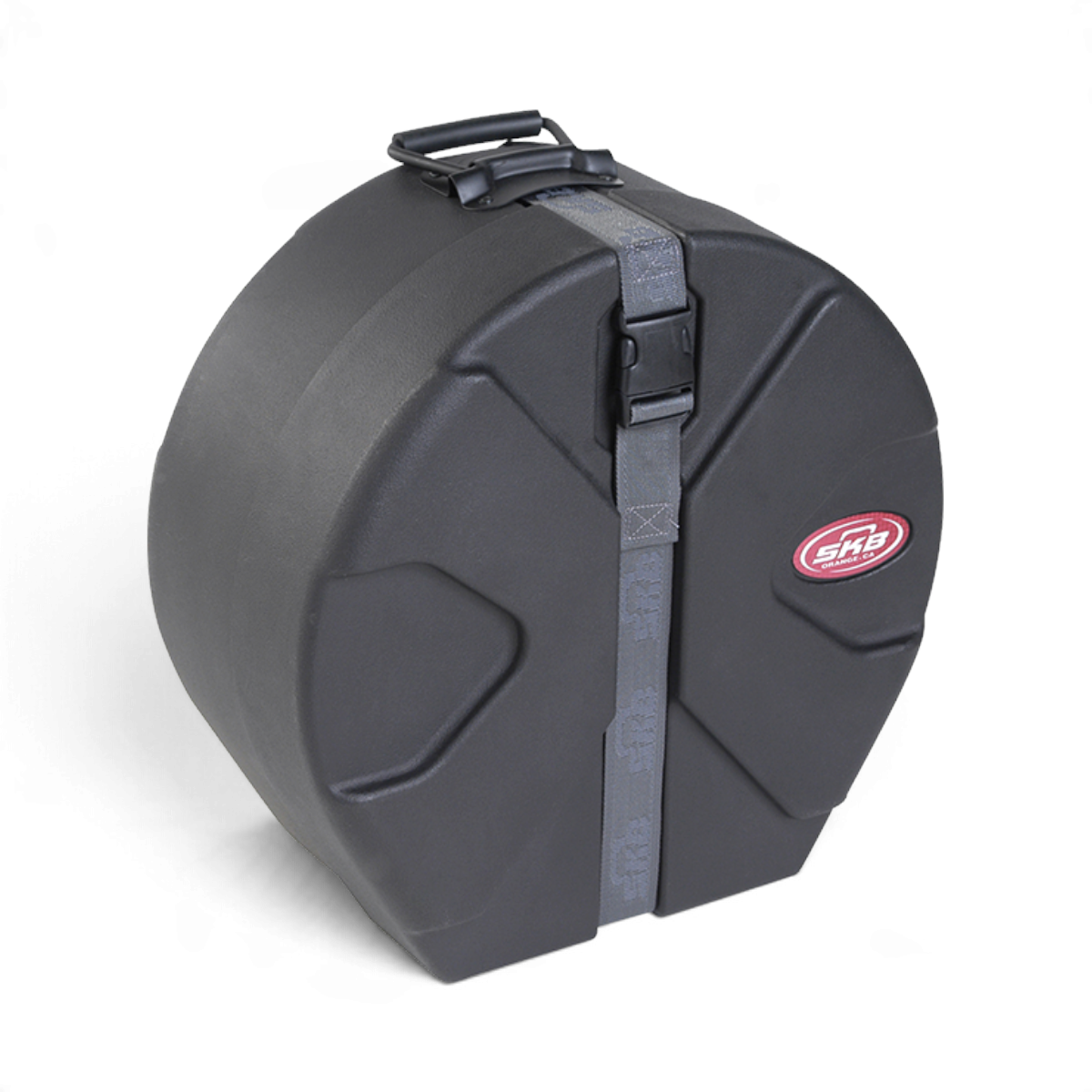 SKB Cases 5x13 snare drum case in black with Roto-X pattern, secure strap, and molded feet for upright stability.