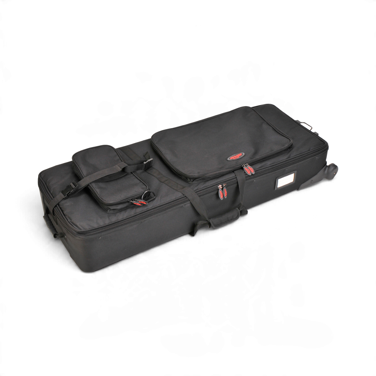 SKB Cases 61 note keyboard soft case in black nylon with accessory pouches, wheels, and protective rails.