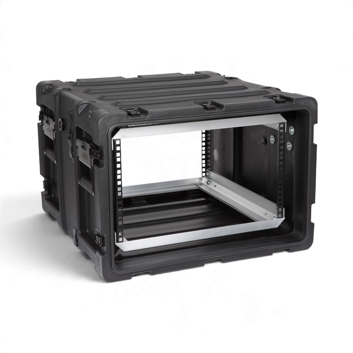 SKB Cases 6U 20-inch deep black shock rack with internal aluminum chassis and rugged roto-molded polyethylene shell.