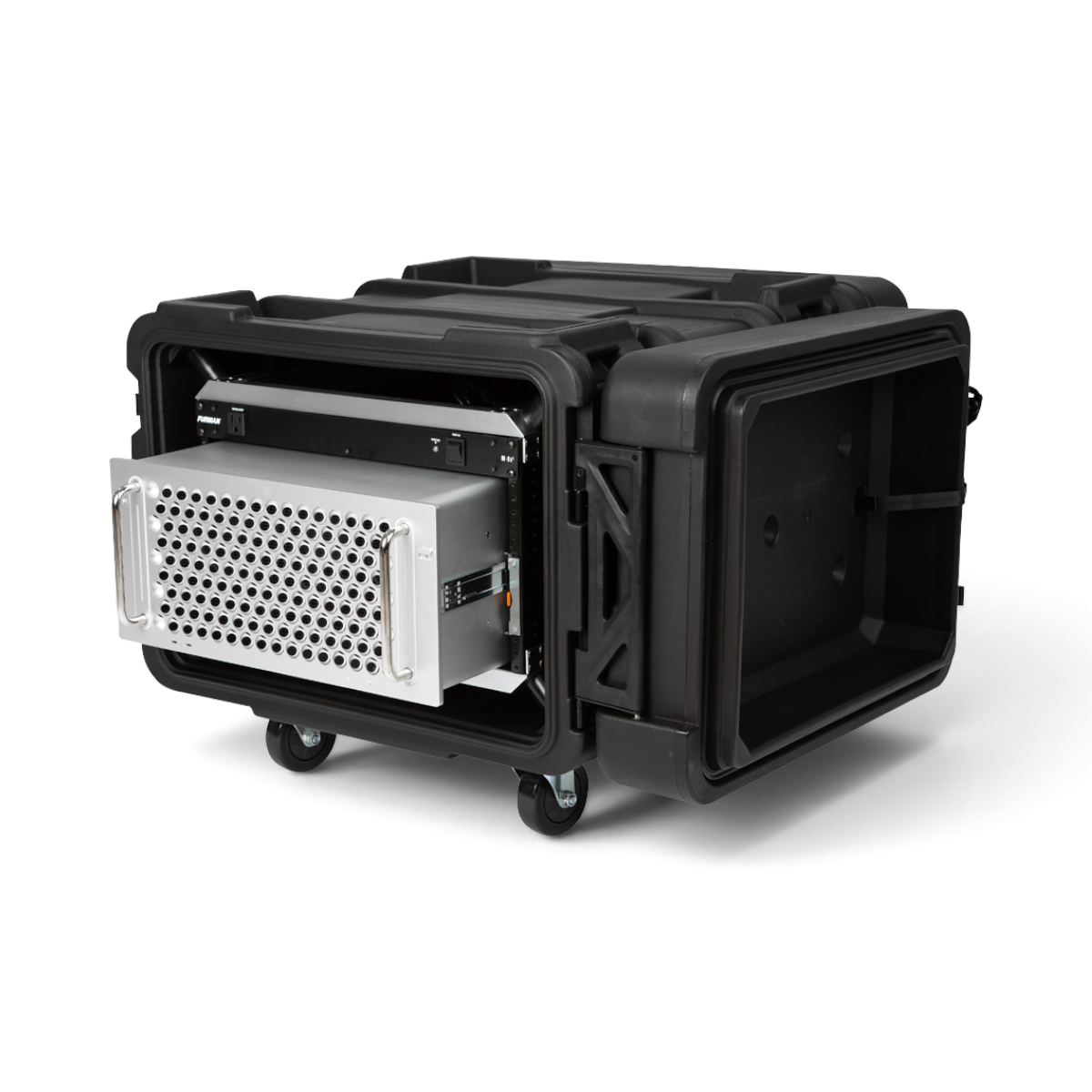 SKB Cases 6U 24-inch deep roto shock rack with mounted equipment, black rugged exterior, and removable casters.