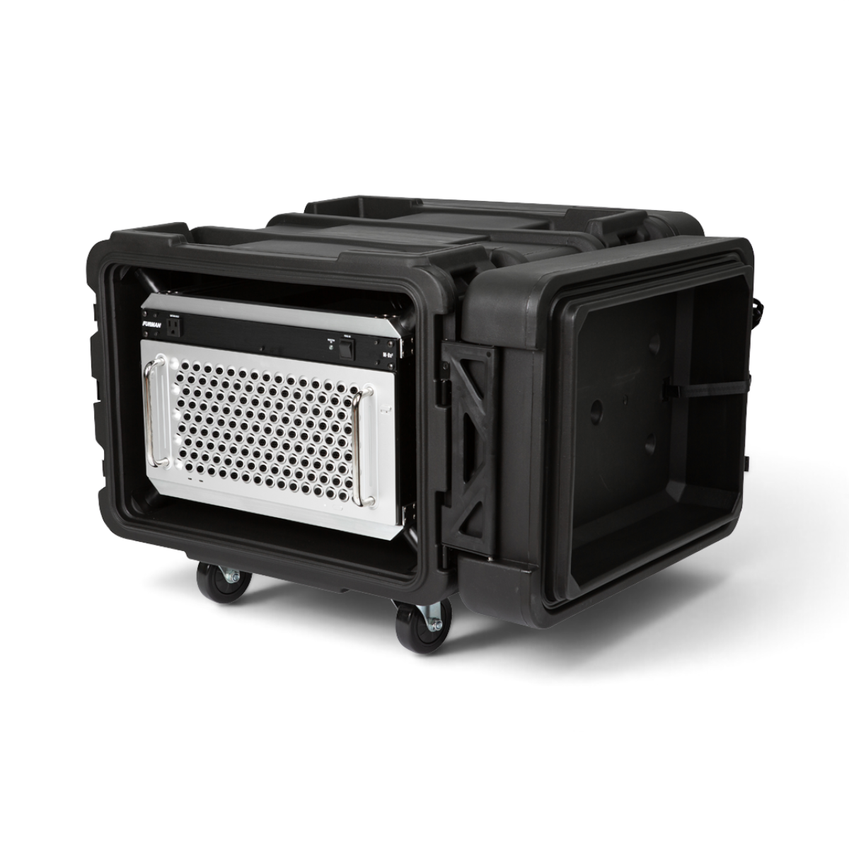 SKB Cases 6U 24-inch deep roto shock rack with mounted equipment and removable casters in a black protective case.