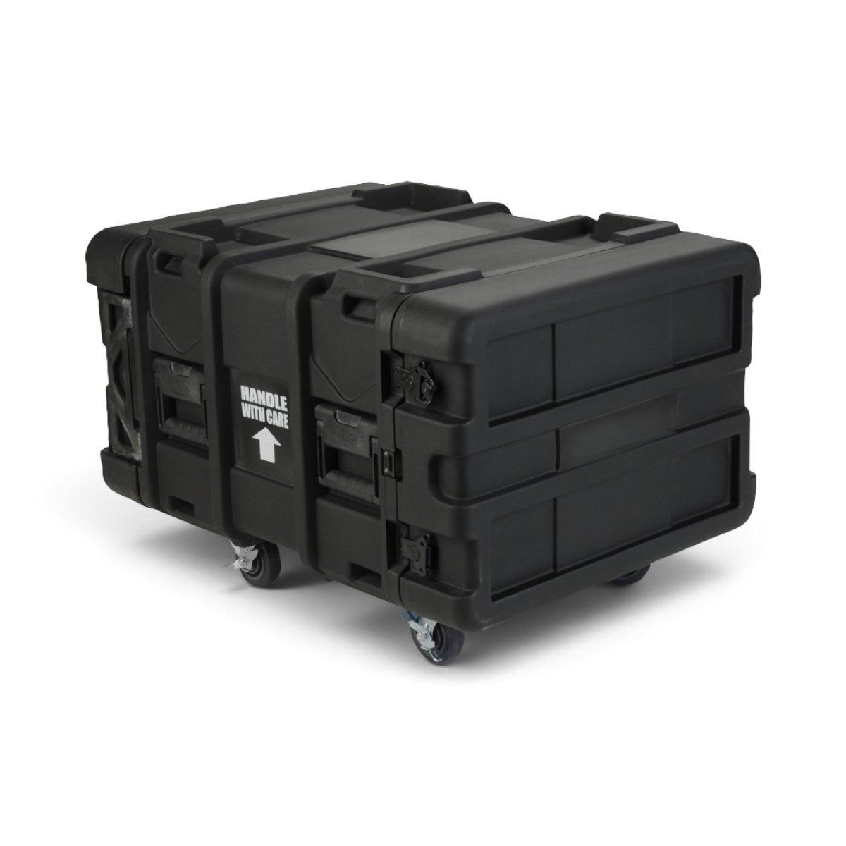 SKB Cases 6U 24-inch deep black roto shock rack with removable casters and heavy-duty latches on a white background.
