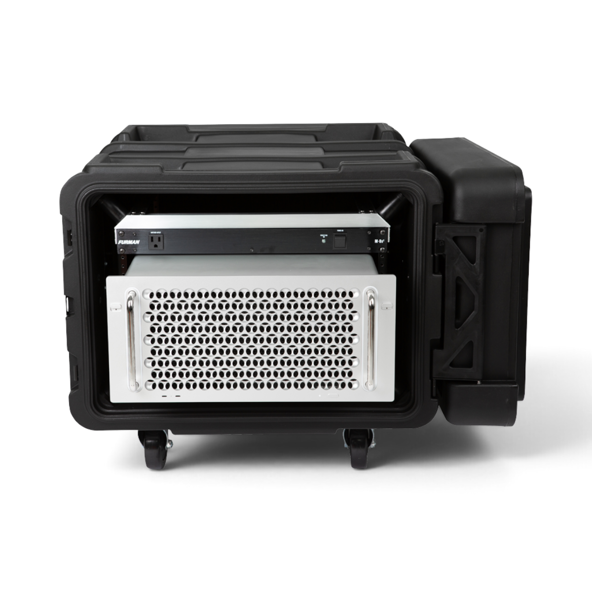 SKB Cases 6U 24-inch deep roto shock rack with black exterior, open lids, and mounted rack equipment on casters.