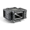 SKB Cases 6U 28-inch deep rSeries shock rack in black with removable casters and adjustable rail conversion system.