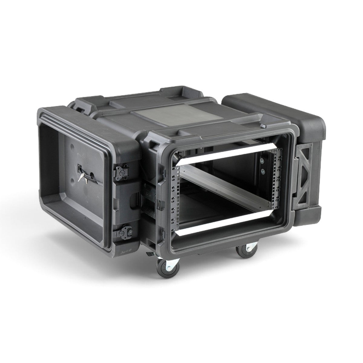 SKB Cases 6U 28-inch deep rSeries shock rack in black with removable casters and adjustable rail conversion system.