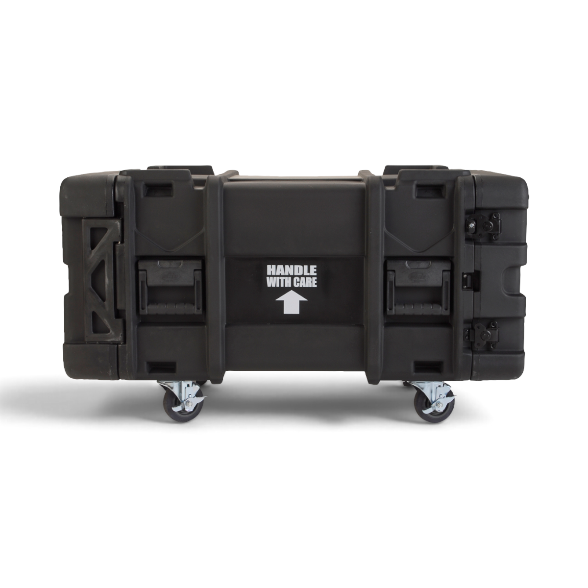 SKB Cases 6U 30-inch deep roto shock rack in black with heavy-duty casters and Handle With Care label