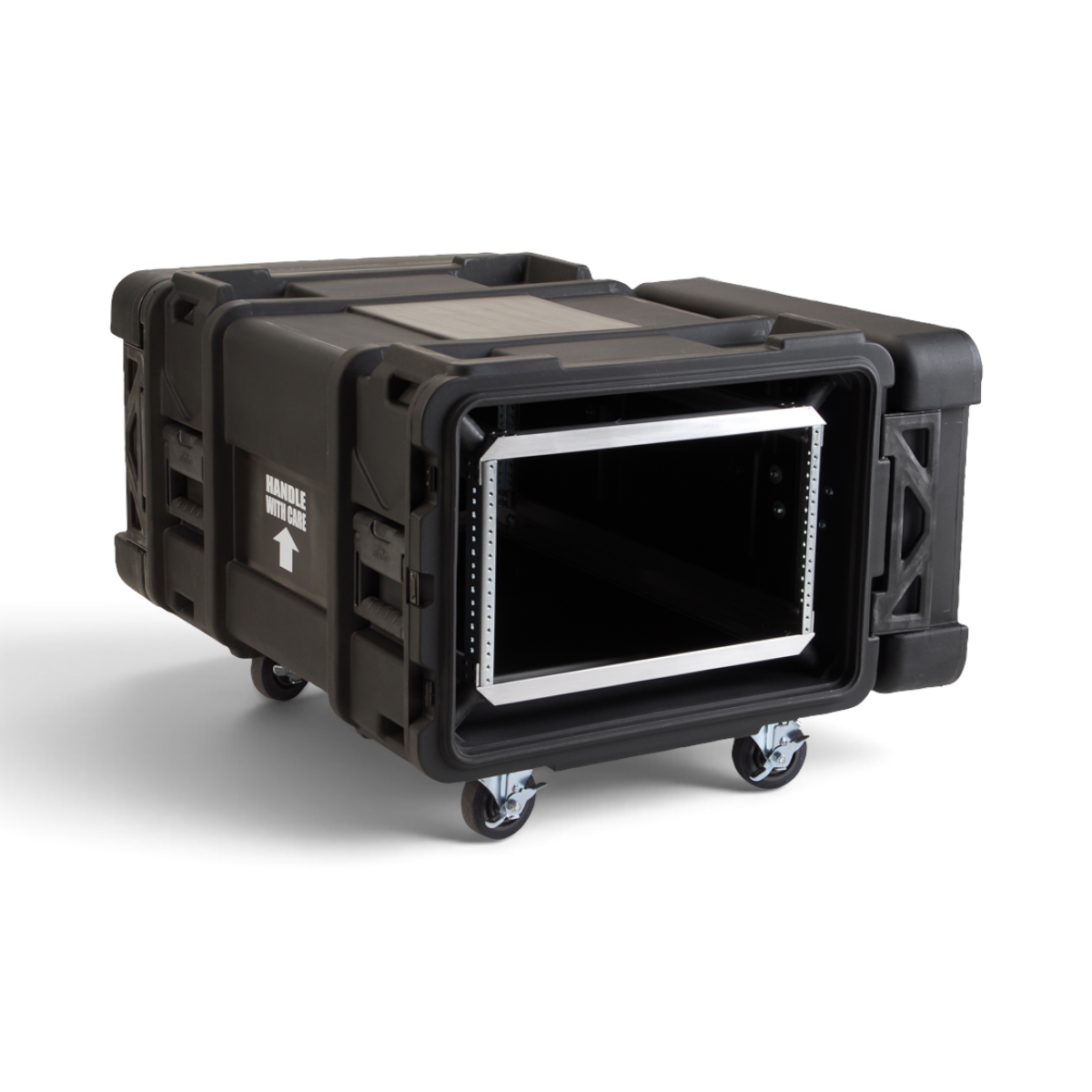 SKB Cases 6U 30-inch deep roto shock rack with black heavy-duty exterior, internal aluminum frame, and 4-inch casters.