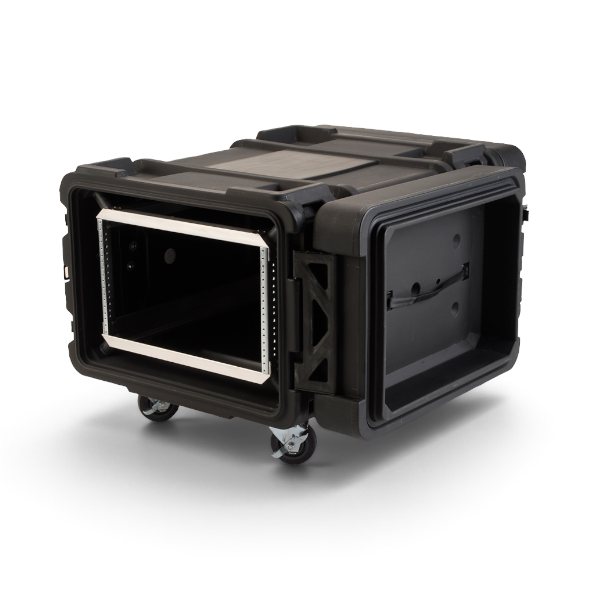 SKB Cases 6U 30-inch deep roto shock rack in black with aluminum frame, removable casters, and hinged lids.