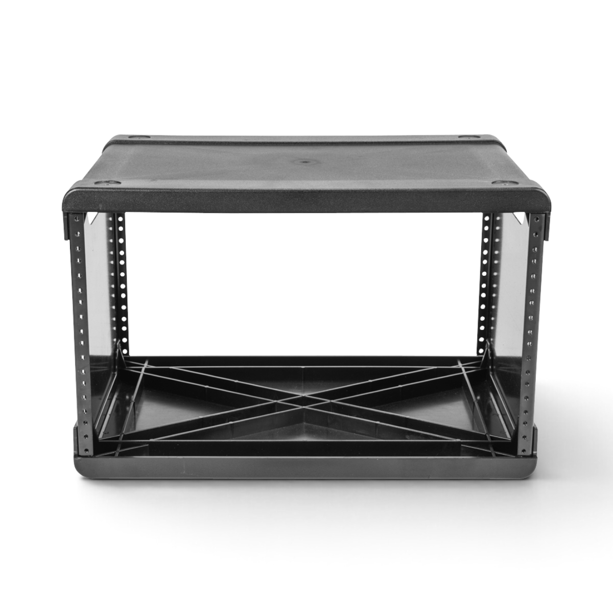 SKB Cases 6U injection molded rack frame with 13-inch depth, featuring threaded steel rails and stackable design.