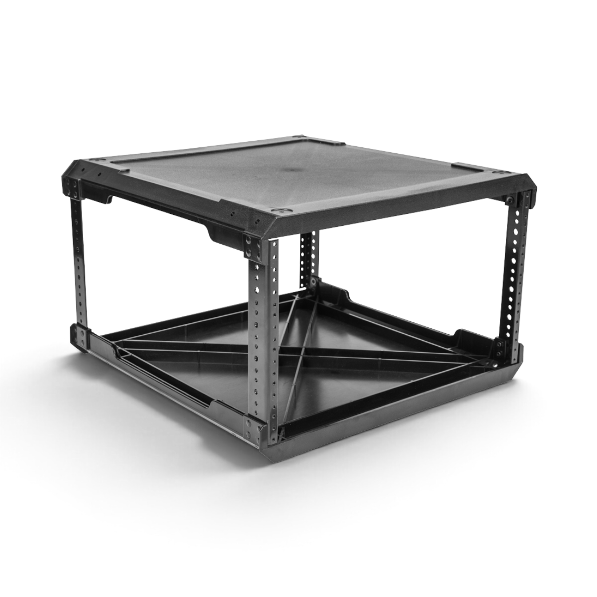 SKB Cases 6U injection molded rack frame with 20-inch depth, featuring black durable construction and steel rails.