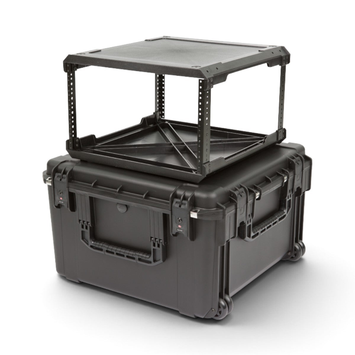 SKB Cases 6U iSeries injection molded waterproof fly rack with removable internal rack frame and TSA locking latches.