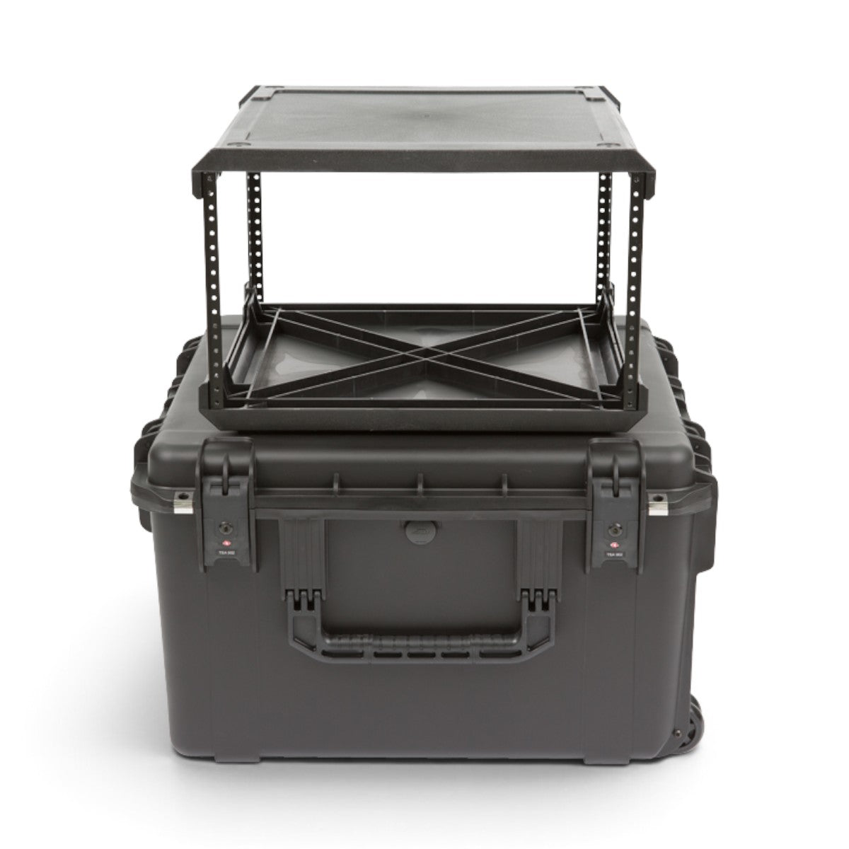 SKB Cases 6U iSeries injection molded waterproof fly rack with removable black rack frame on white background