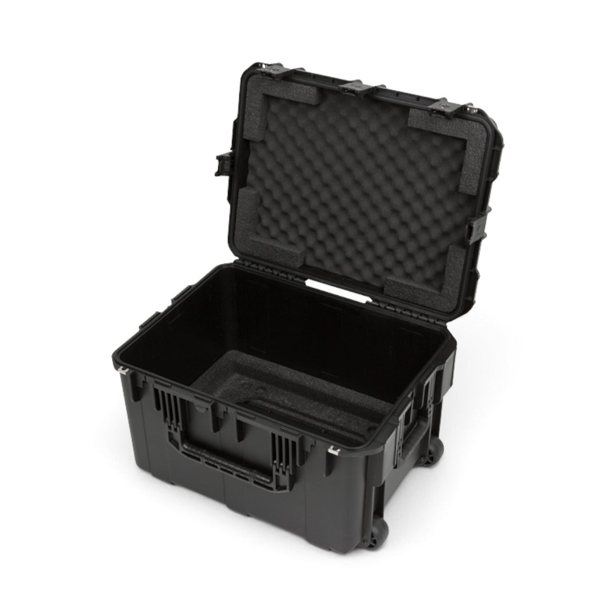 SKB Cases 6U iSeries injection molded fly rack with black waterproof exterior, foam lining, and wheels.