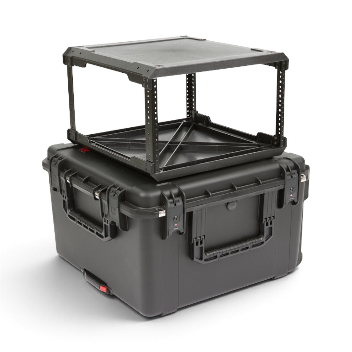 SKB Cases 6U iSeries injection molded waterproof fly rack with removable black equipment frame on white background